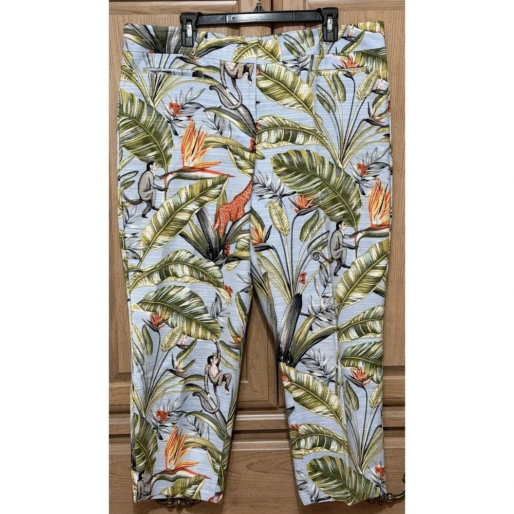 Ann Taylor Kate Fit Tropical Jungle Monkeys Print Crop Pants Women's 16 Lt Blue